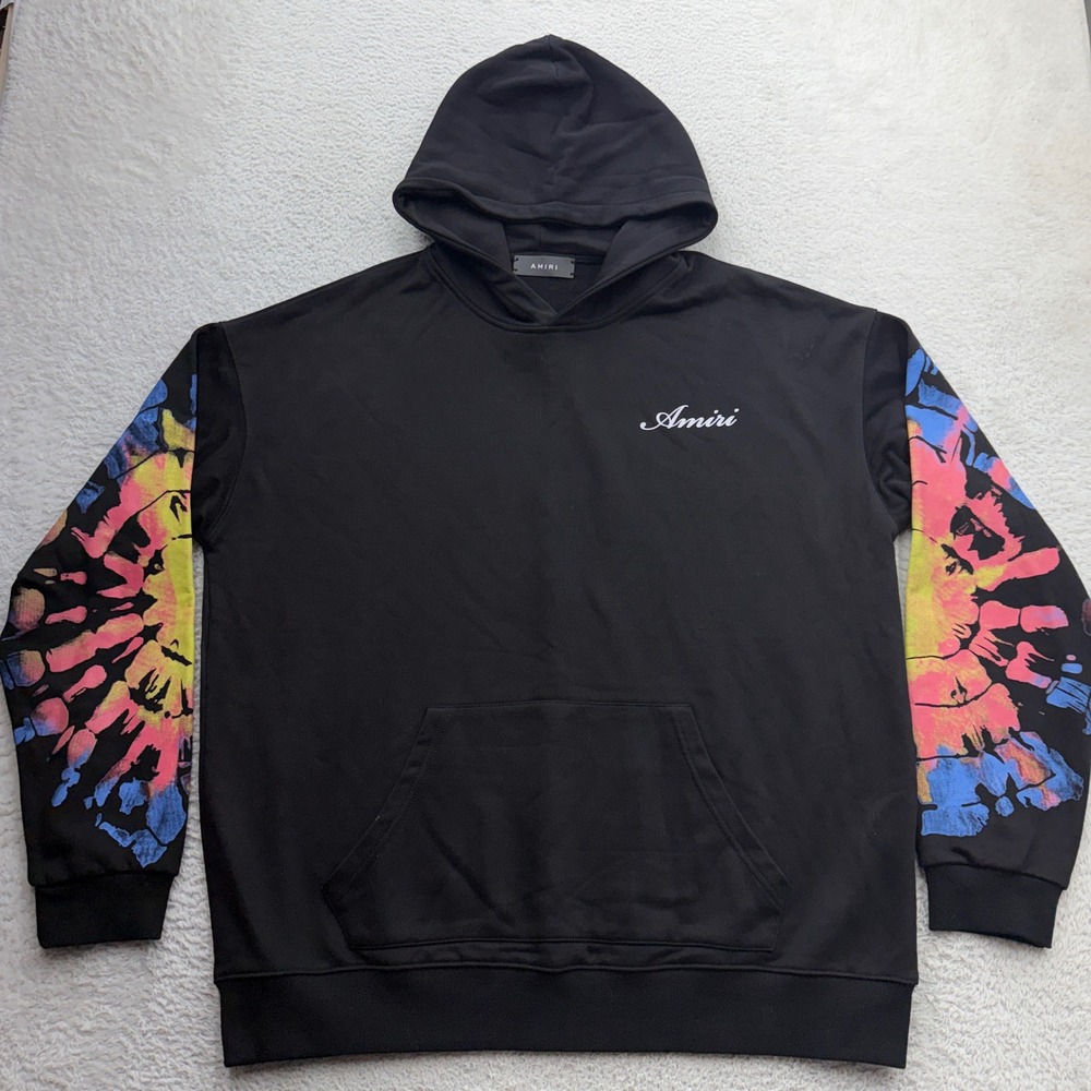 Amiri Mens Black Tie Dye Sleeve Logo Pullover Hoodie Made in USA Size L